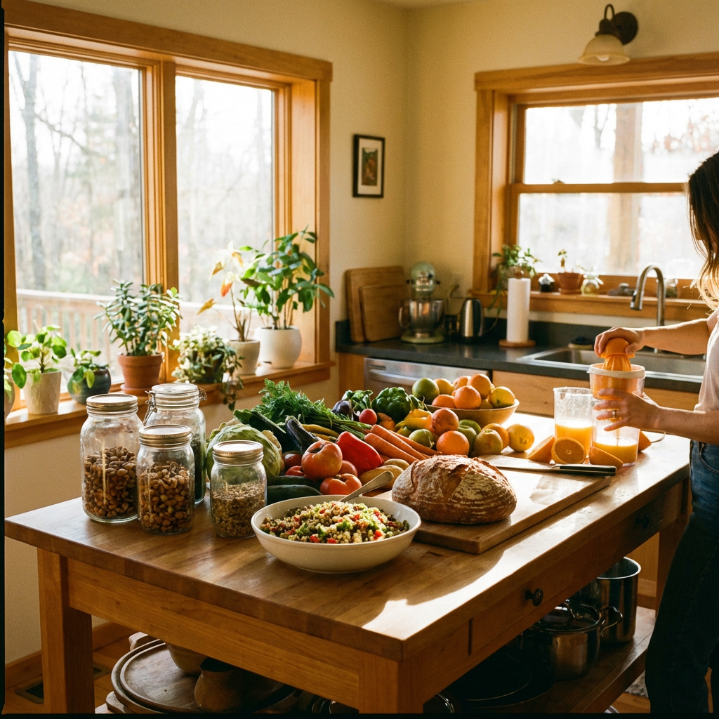 Woman juicing oranges in a sunlit kitchen filled with fresh fruits and vegetables.
